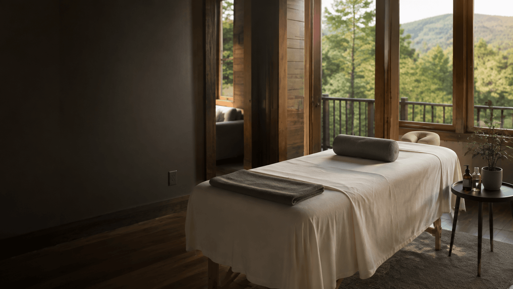 A mobile massage table prepared inside a Pocono-area home